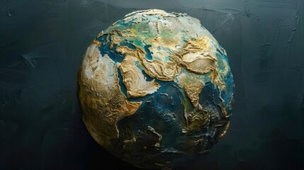 Fototapeta premium Dynamic portrayal of a globe, its surface a patchwork of fertile land and encroaching dark desolation,