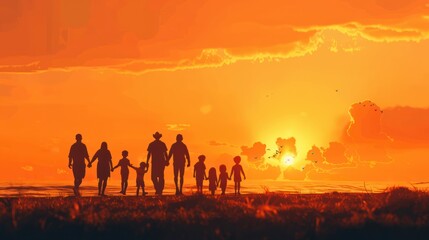 Fototapeta premium Family holding hands beach at sunset and generations grandparents travel with parents and kids with orange sky Back unity and men women and children silhouette and vacation with mockup : Generative AI