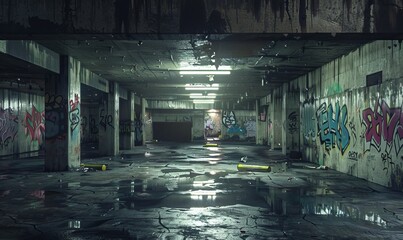 Derelict parking garage with graffiti-tagged walls and dimly lit corners, urban underground