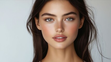 Obraz premium A woman with long brown hair and blue eyes