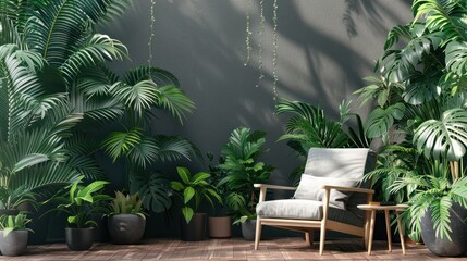 Grey armchair, indoor plants, monstera, palm trees. Urban jungle apartment. Biophilia design. Cozy tropical home garden. Home gardening. Gardening, hobby concept Eco friendly decor of living room