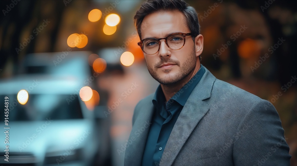 Poster A man in a suit and glasses standing in front of a car