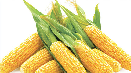 Yellow corn cobs stand tall, their kernels plump and tightly packed, their crisp green husks peeking out from the top against a pure white backdrop.