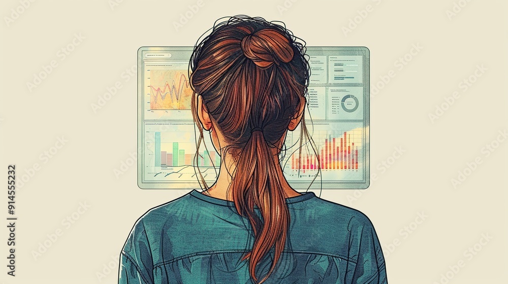 Poster woman analyzing data on a computer screen
