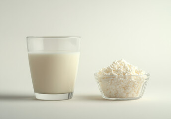 A clear glass of milk paired with a bowl of fresh cottage cheese on a plain white backdrop, signifying wholesome dairy nutrition in a simple, clean presentation.