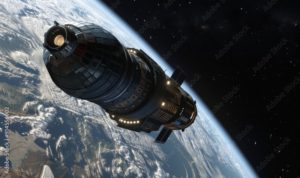 Poster a good quality digital representation of a realistic space station orbiting a planet