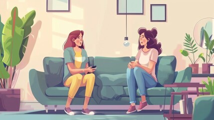 Obraz premium positive joyful Smiling friend woman with friend on sofa. Young females are sitting on sofa in living room. They are relaxing conversation at home