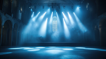 An empty indoor stage is dramatically lit with blue lights against the backdrop of Gothic windows, creating an atmospheric and ethereal setting.