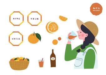 オレンジジュースを飲む女の子とみかんの栄養素の挿絵セット