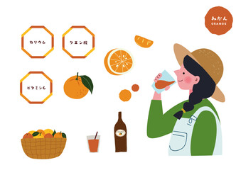 オレンジジュースを飲む女の子とみかんの栄養素の挿絵セット