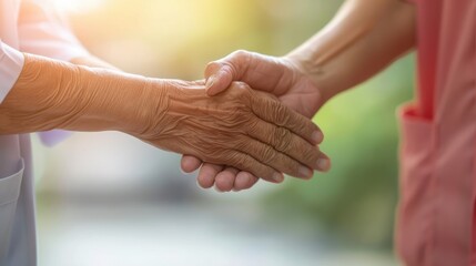 Senior woman in elderly care facility receiving assistance from hospital staff nurse. Elderly woman, wrinkled skin, hands of caretaker. Grandmother in everyday life. Background, copy space, close-up.