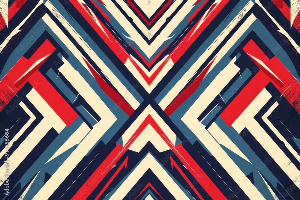 Poster red, white and blue geometric pattern background with bold lines features an intricate maze-like arr