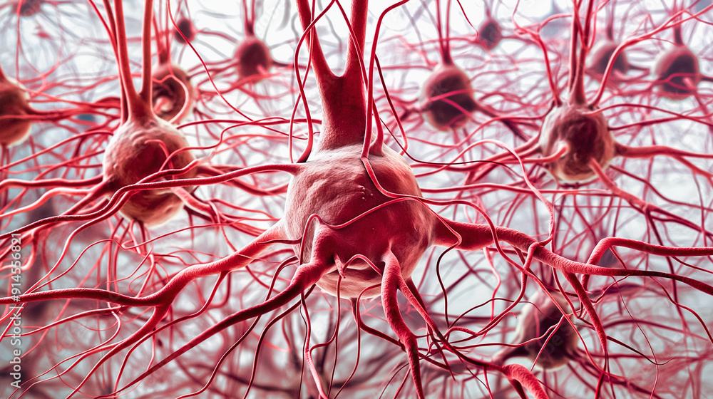 Poster closeup view of neurons and synapses in the brain, exploring complex biological interactions