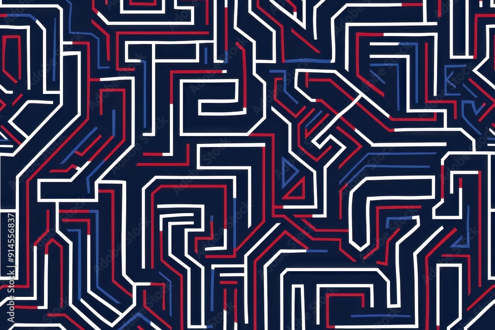 Poster a pattern with blue, red, and white lines forming an intricate maze design the background is a dark 