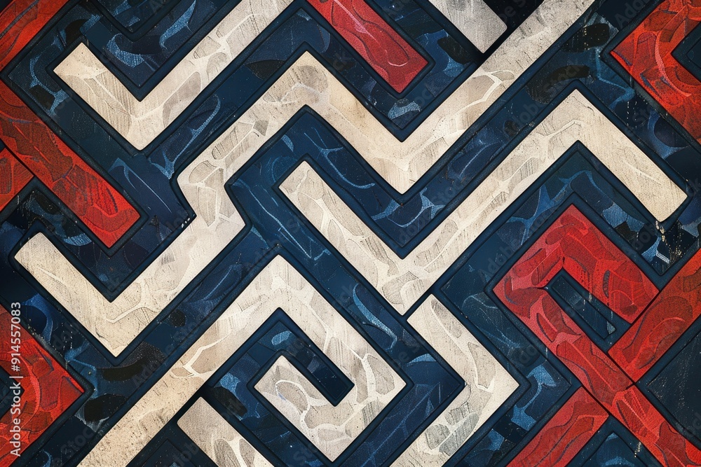 Poster a pattern of blue, red, and white lines forming an intricate maze design on a dark background genera
