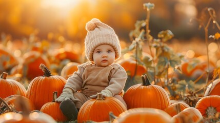 A cute baby wearing an hat and gloves is sitting on top of large pumpkins surrounded by pumpkin patch, sun light, in style photo shoot, unsplash photography, aesthetic