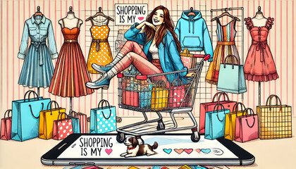 Obraz premium A woman in a shopping cart and shopping themes for black friday