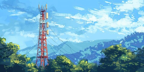 Obraz premium Tall red tower with antennas against a blue sky.