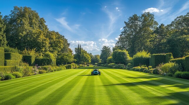 Tranquil garden with freshly mowed patterns and a classic mower under a clear blue sky
