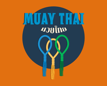 Muay Thai Mongkol: Traditional Thai headbands (Mongkol) in vibrant colors, symbolizing honor and protection, set against a bold orange and blue background. vector illustration .