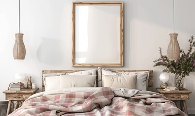 A vertical wooden frame hangs on the wall of a bedroom interior with an unmade bed, pink plaid and bedside lamps on an empty white background