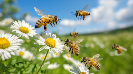 Vibrant Honeybees Pollinating White Daisy Flowers on Sunny Day