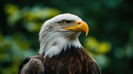 Obraz premium A close-up shot of a bald eagle's head and feathers, with the background blurred