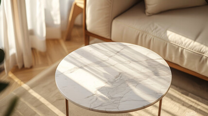 Modern marble coffee table in a cozy, sunlit living room.