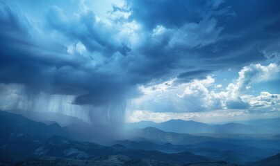 A thunderstorm drops sheets of rain in the mountains