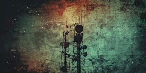 Silhouette of a radio tower against a textured background.