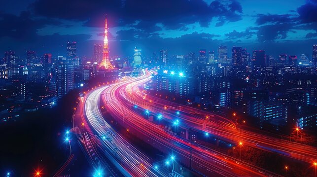 Tokyo Skyline at Night with Traffic Trails