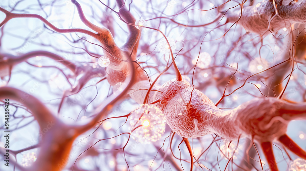 Aufkleber closeup view of neurons and synapses in the brain, exploring complex biological interactions