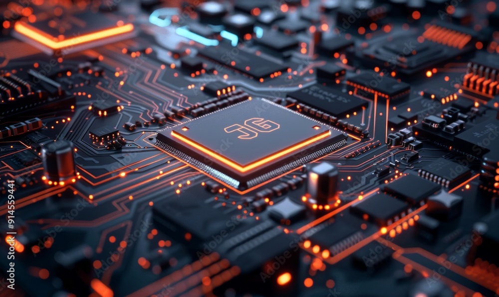 Aufkleber text technology concept with sms symbol on a microchip. data flows from the cpu across a futuristic 