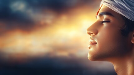 a man with a white turba and a red eye patch, hinduism, religion,  krishna