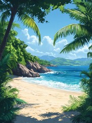 Fototapeta premium Tranquil Beach with Lush Palm Trees