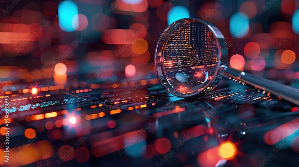 Aufkleber magnifying glass on a circuit board with digital code