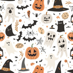 Wallpaper design for Halloween featuring a repeating pattern of witch hats, pumpkins, and skulls on a white background. Square frame.
