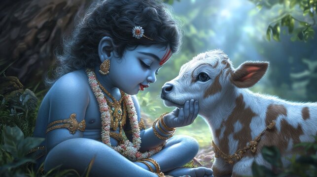 a little krishna sitting in the grass with a goat