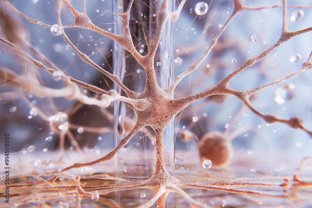 Poster closeup view of neurons and synapses in the brain, exploring complex biological interactions