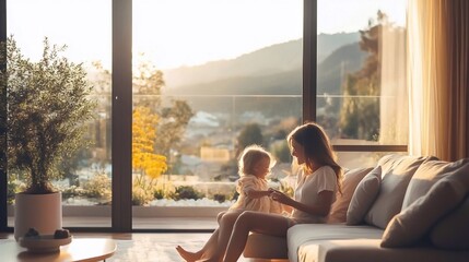 large bright living room, panoramic windows, mother playing with son with construction set, hyperrealistic