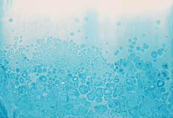 Abstract flow acrylic and watercolor pour marble painting blot. Color blue, beige, white wave smoke texture background.