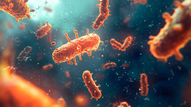 This image shows bacteria in an enlarged scale, creating an impression of their active movement and vitality. The visualization highlights vibrant red and orange colors, symbolizing infection