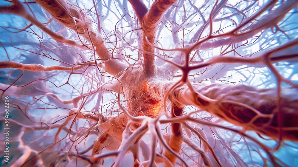 Poster closeup view of neurons and synapses in the brain, exploring complex biological interactions
