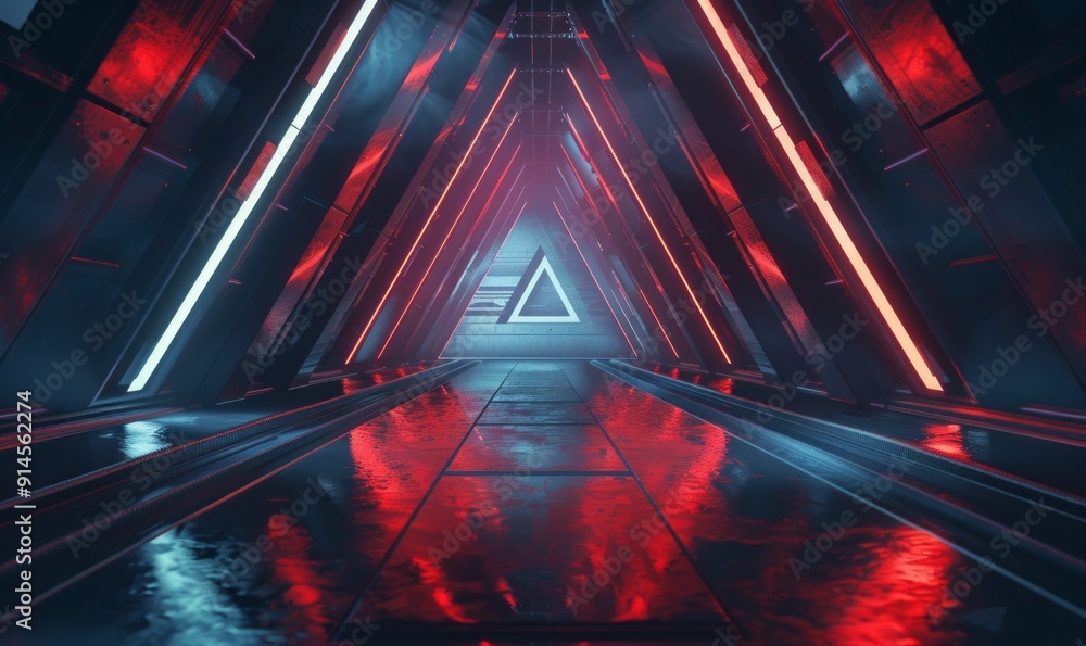Poster the rendering is a 3d image of a futuristic triangle spaceship corridor with a dark abstract theme