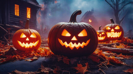 Glowing pumpkin lanterns with carved ominous faces against background of dark, foggy forest and abandoned house. Halloween cards, posters or decorations.