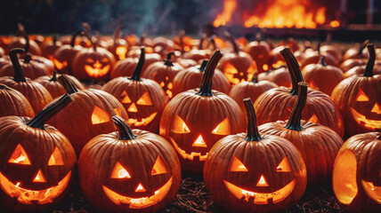 Large number of carved pumpkins on night background with bonfire. Postcards, advertising campaigns for Halloween, autumn holidays or creating themed horror atmosphere.