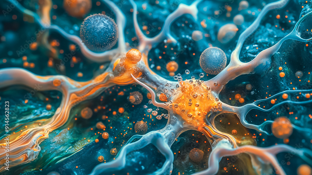 Poster closeup view of neurons and synapses in the brain, exploring complex biological interactions