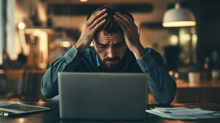 Frustrated Office Worker Staring At Laptop With Hands On Head.