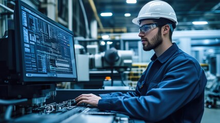 Fototapeta premium Male Engineer Working On Industrial Control System At Manufacturing Plant. Generative AI