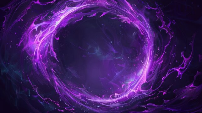 Digital artwork featuring abstract swirls of purple and blue, with a central void